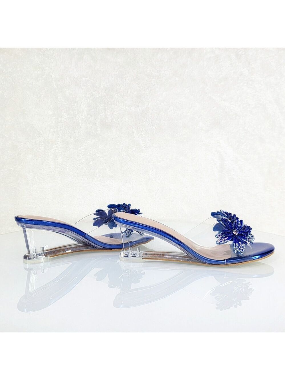 NIB NIB Eva Rhinestone Flower Blue Slip On 2.5" Wedge Heel Casual Party Shoes - Picture 4 of 11